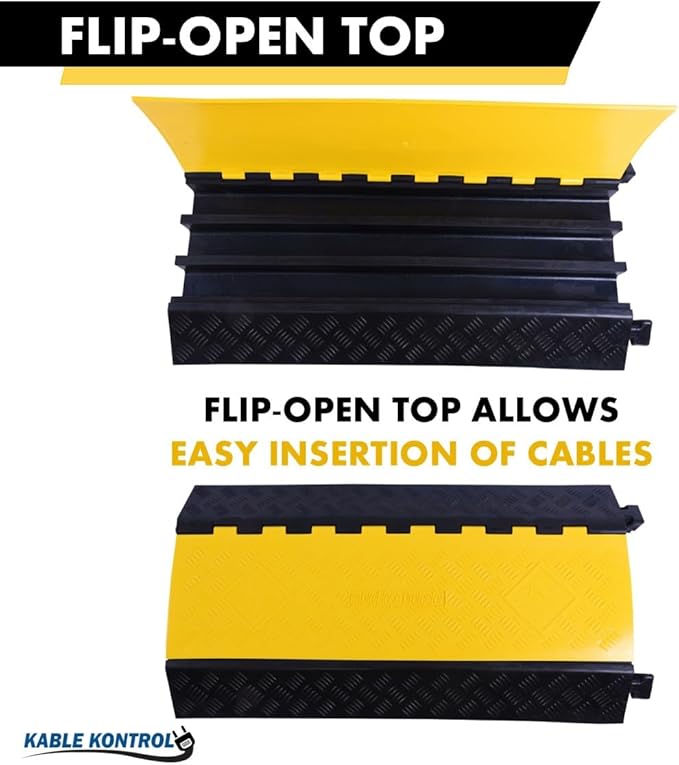 Kable Kontrol Atlas Heavy Duty Cable Protector Ramp - 3 Channel Bulk Wholesale Pallet - 10 Pcs - 36” Long Black & Yellow – 44000 Lbs Capacity - Rubber Speed Bump Wire Protector Cord Cover – CP9986