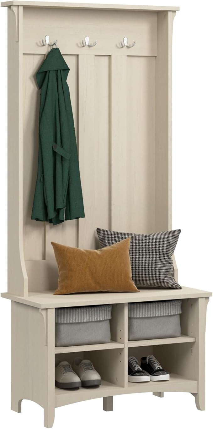 Bush Furniture Salinas Hall Tree with Shoe Storage Bench in Antique White, Multi-Purpose Home Organizer, Entryway Solution with Seating and Hooks