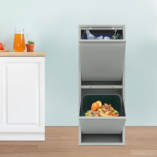 Dual Tilt Out Trash Can Cabinet Waste and Recycling Bin Combo Large Garbage Cans for Kitchen Home Stainless Steel Dog Proof Trash Can Cabinet