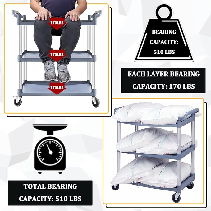 Plastic Utility Carts with Wheels, 3-Tier Medium Size Restaurant Food Cart, Heavy Duty 510lbs Capacity Rolling Service Cart w/Hammer for Commercial, Kitchen, Office (Lockable Wheels, M-Grey)