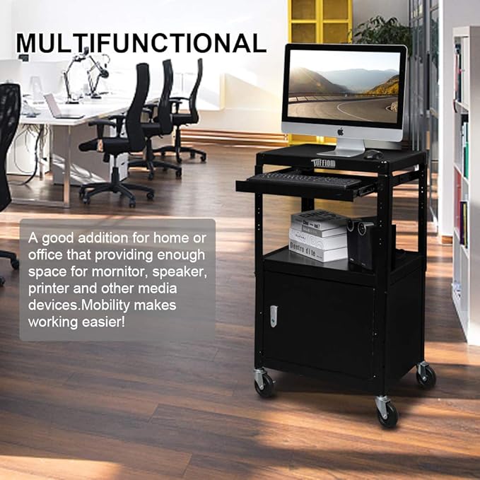TUFFIOM AV Presentation Cart for Video Projector, Laptop Computer, Mobile Workstation Utility Media Cart for School Classroom Office, Rolling Storage Stand with Locking Cabinet Keyboard Shelf