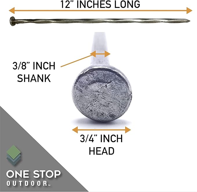 50 Pack Round Metal Landscape & Paver Edging Anchoring Stake, 12-Inch Length - Spiral Bright Spike Timber Nail, Tent Spikes, Camping, Trapping, Landscape, More (50)