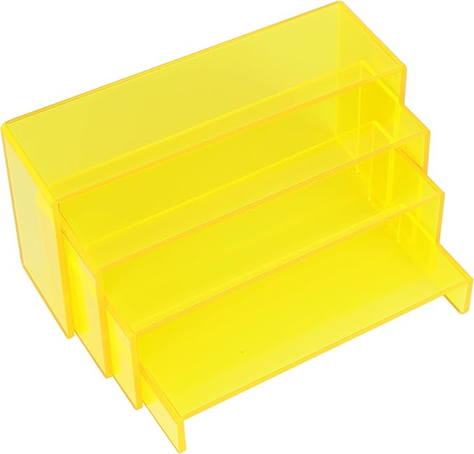 ELEGANTLIFE Acrylic Display Riser,4.3mm Heavy Duty Crystal Display Stand Shelf Layered Aesthetic, Jewelry Display Shelf Risers for Décor,4 Pack Set Multi-color (Yellow)