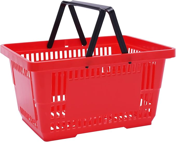 12PCS Shopping Baskets with Handles, 21L Plastic Grocery Basket for Retail Store, Supermarket, Grocery Shopping |17" x 12" x 9" Portable Shop Basket (Red)