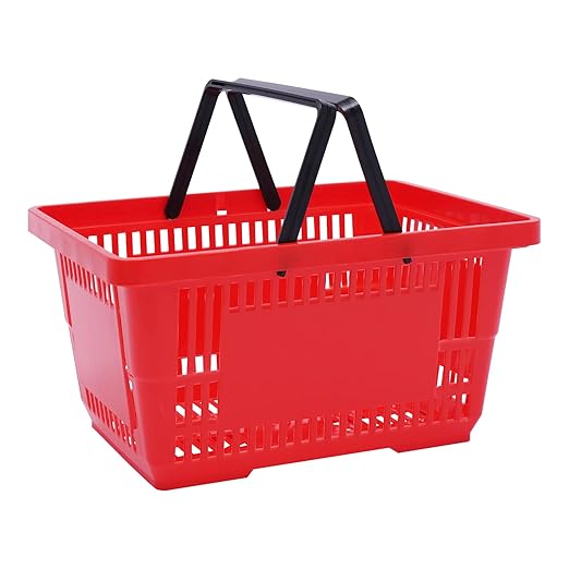 12Pcs 18L Shopping Baskets with Handles, Portable Plastic Retail Grocery Baskets Large Capacity for Stores, Supermarket, Retail, Groceries Shopping (Red)