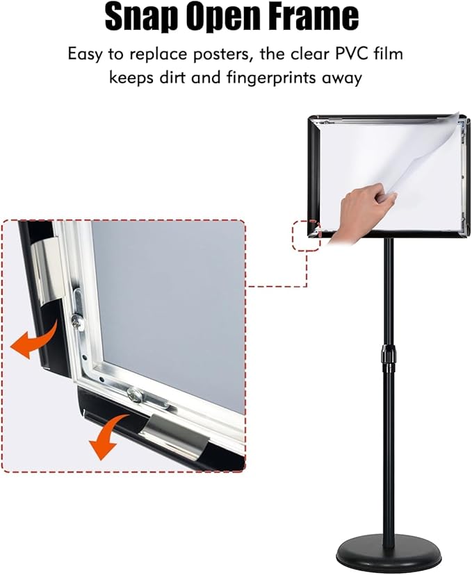 Upgraded Adjustable Sign Stand for Display, Pedestal Floor Signage Stand Holder with Heavy Duty Base, for Outdoor or Indoor Advertising (8.5 x 11, Black)