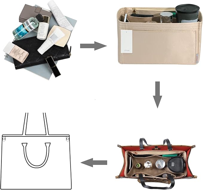 ZTUJO Purse Organizer Insert For Handbags, Silky Touching Bag Organizer Insert With Bottle Holder, Perfect for Speedy, Neverfull, Tote,ONTHEGO,Artsy,Handbag and More (Slender Medium, Silky Beige)