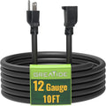 10 Ft Outdoor Extension Cord - 12/3 SJTW Heavy Duty Black Extension Cable with 3 Prong Grounded Plug - Power Cord for Lawn, Garden, Appliances