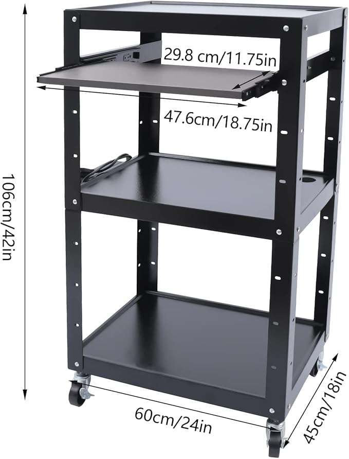 AV Cart on Wheels, Commercial Mobile Utility AV Carts with Wheels, Height Adjustable Top Shelf & Pullout Keyboard Tray, Rolling Presentation and Media Cart for Office, Library