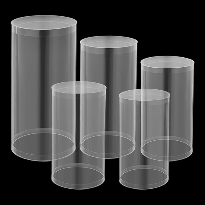 5PCS Clear Cylinder Pedestal Stands, Acrylic Transparent Round Pedestal Display Plinth Pillars, Acrylic Cylinder Round Display Plinth Cake Tables for Party, Flowers, Event Decoration