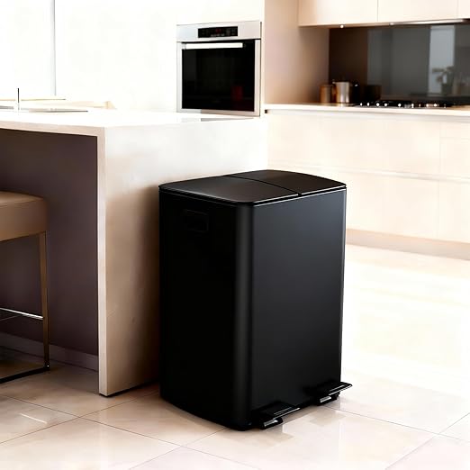 GarveeHome Commercial Dual Trash Can, 16 Gallon Stainless Steel Double Compartment Recycling Bin with Soft-Close Lids, Pedals & Plastic Inner Buckets, 60L Garbage Can for Kitchen, Home, Office, Black