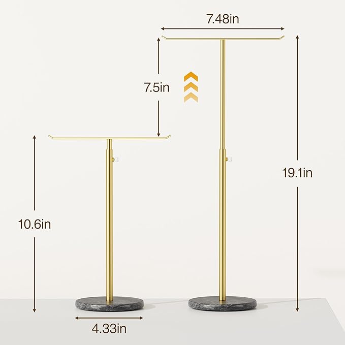 Gold Necklace Holder Jewelry Organizer Stand – Adjustable Height T‑Bar Jewelry Display with Dark Gray Marble Base, Necklace & Bracelet Holder, Countertop Jewelry Stand