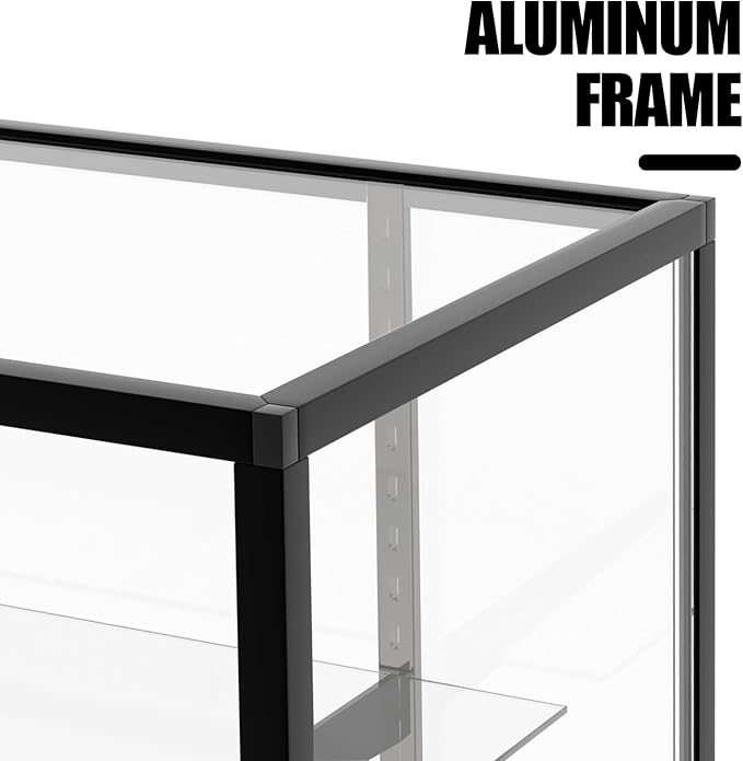 70”D * 20”W * 38”H - Freestanding Retail LED Full Vision Glass Display Case, Black Aluminum Frame, Two Adjustable Height Tempered Glass Shelves
