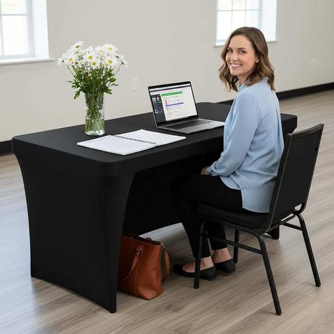 Nasitos 6 Pack Black Table Cloth 6 Foot-Spandex Fitted Tablecloth Rectangle Tables, Open Back Stretch Folding Trade Show Table Covers Fabric Washable & Wrinkle Resistant for Parties, Wedding, Event