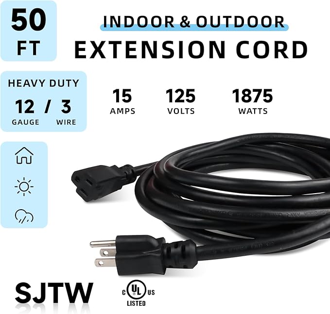 EP 50 Ft Outdoor Extension Cord - 12/3 SJTW Heavy Duty Black Extension Cable with 3 Prong Grounded Plug - Power Cord for Lawn, Garden, Appliances