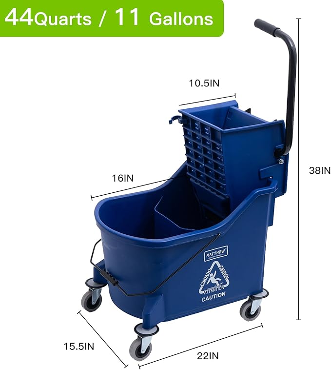 Matthew Cleaning Blue 44Quart Commercial Mop Bucket INCL.Wet String Mop& 19'' Industrial Wet Floor Sign with Side Press Wringer On Wheels,Tandem Portable Floor Cleaning Wavebrake,Ideal for Household