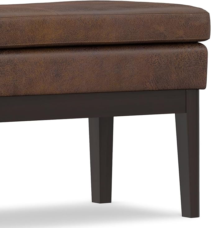 SIMPLIHOME Carlson Ottoman Bench - 45 inch Wide Upholstered Vegan Leather Rectangle Ottoman in Distressed Chestnut Brown, Mid Century Modern Bench for Bedroom or Living Room with Padded Seat