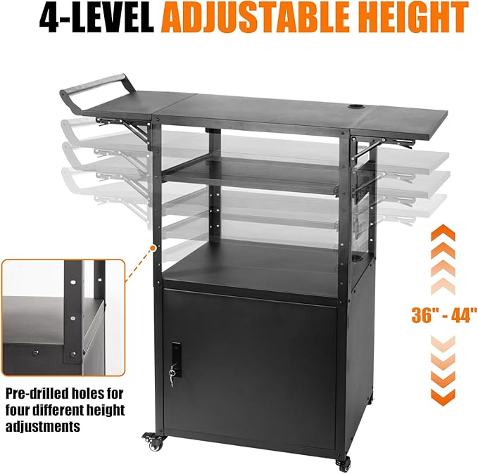 Large Mobile AV Cart with Locking Cabinet and Drop Leaves, Height Adjustable Steel AV Cart with Wheels and Power, Rolling Computer Cart with Pullout Keyboard Tray for Office, Warehouse&Classroom