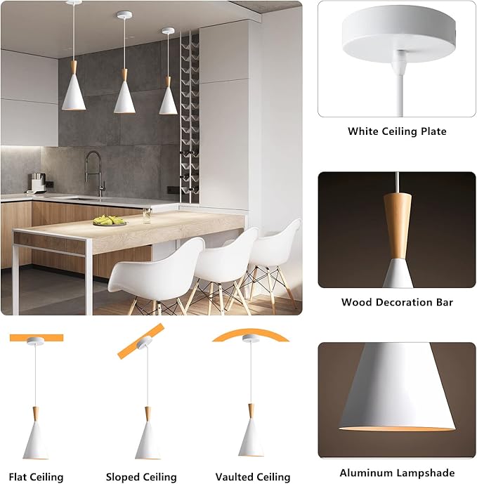 KCO Lighting Farmhouse Cone Pendant Light 3 Pack White Modern Barn Ceiling Pendant Lighting Fixture 1-Light Mini Vintage Pendant Lights Kitchen Island Dining Room Lighting