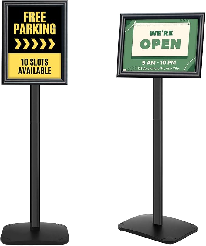 Heavy Duty Pedestal Sign Holder for Display, 8.5 x 11 inches Adjustable Floor Standing Sign Holder with Weighted Base , Vertical and Horizontal View Sign Stand for Indoor/Outdoor Advertising，Black