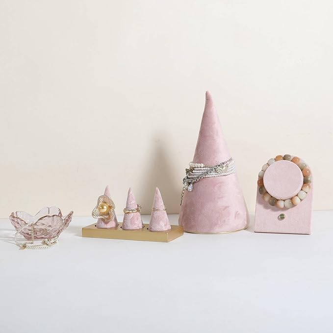 GemeShou Velvet bracelet display stand for selling, pink jewelry bangle holder with golden base, felt bracelet storage organizer for nightstand home decor【Bracelet holder-pink】