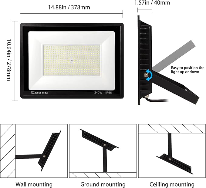 Ceena 2 Pack 240W Plug in LED Flood Light Outdoor, 24000lm Super Bright Floodlight with 5.9FT Wire, IP66 Waterproof 6000K LED Work Light for Basketball Court, Playground, Stadium