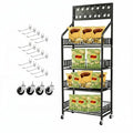 1 Set 4 Tier Retail Display Rack Shelf Cart with Wheels and 15 Hook Heavy-Duty Metal Snack Potato Chip Display Organizer Concession Stand for Supermarket Grocery Store Home Black