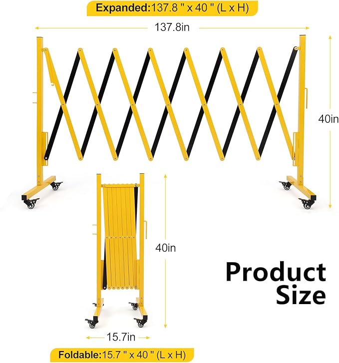 Expandable Metal Barricade Gate, 11FT Folding Security Gate with Wheels, Heavy-Duty Expandable Mobile Barricade for Construction Site, Industrial Traffic Control, Crowd Management & Garage Safety