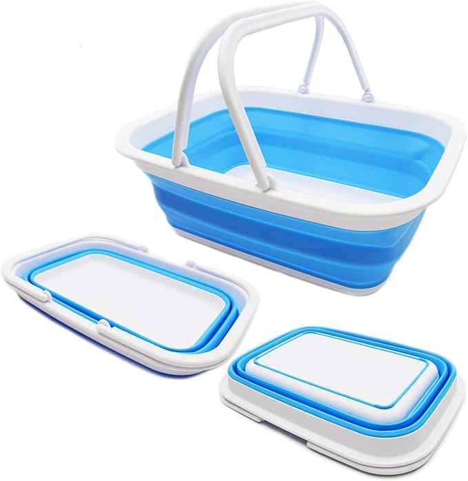 SAMMART 9.2L (2.37Gallon) Collapsible Tub with Handle - Portable Outdoor Picnic Basket/Crater - Foldable Shopping Bag - Space Saving Storage Container (1, White/Marine Blue)