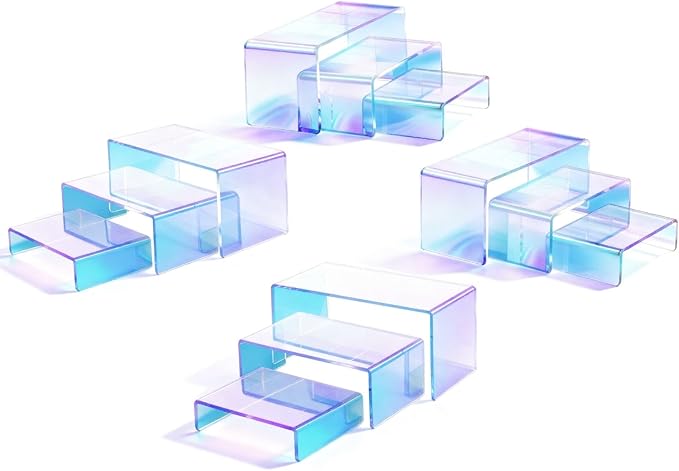 Stackable Acrylic Display Risers, 4 Sets 12 Pieces Clear Riser Stands, 3-Tier Iridesc Stair Stands for Cupcakes, Jewelry, Makeup - Waterproof & Easy Clean, Space-Saving Nesting Design (3 Sizes)