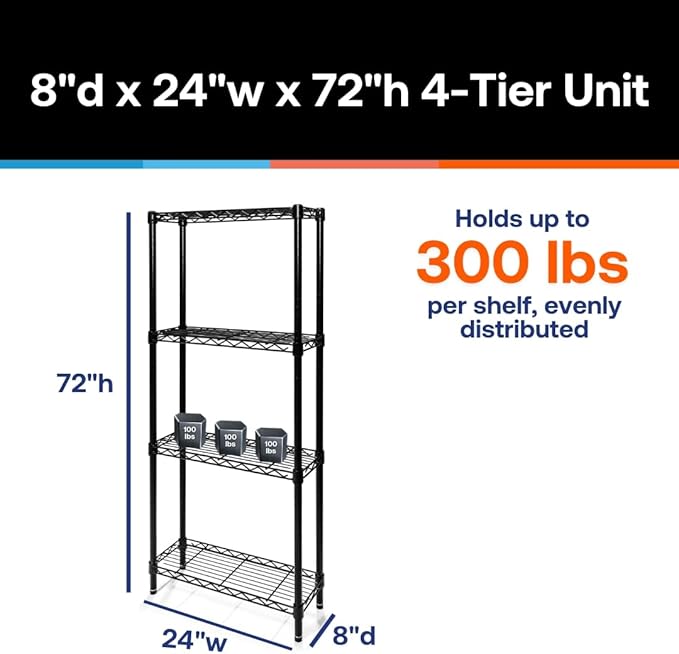 Shelving Inc. 8" d x 24" w x 72" h Black Wire Shelving with 4 Tier Shelves, Weight Capacity 300lbs Per Shelf