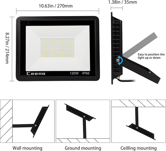Ceena 2 Pack 120W Hardwired LED Flood Light Outdoor, 12000lm Super Bright Floodlight, IP66 Waterproof 6000K Daylight White Exterior Lights for Backyard, Workshop, Basketball Court