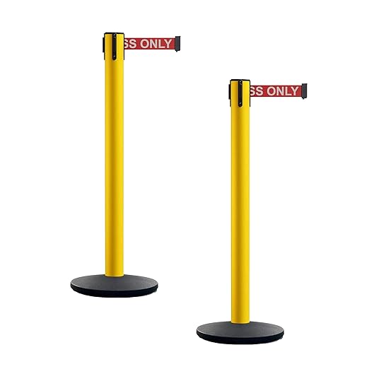 Montour Line MI650 Set of 2 Retractable Belt Barrier Stanchion, Cast Iron Base, Yellow Post (16 ft Red with"Authorized Access ONLY" White Letters Belt)