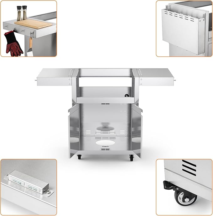 Stainless Steel Grill Cart for Hygrill 3-Burner Built-In Gas Grill, Outdoor Kitchen Island with Foldable Side Shelves and Storage Cabinet