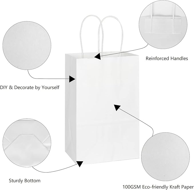 Toovip 100 Pack 5.25x3.25x8.25 Inch Small White Kraft Paper Bags with Handles Bulk, Gift Wrap Bags for Favor Grocery Retail Party Birthday Shopping Business Goody Craft Sacks Merchandise Take Out Cub