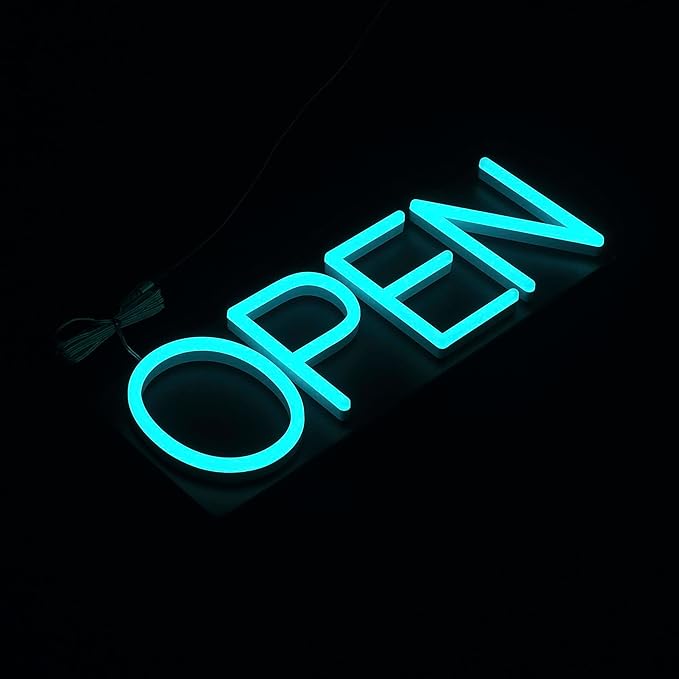 HiNeon Ice Blue Neon Open Sign 20inx7in LED Open Sign w/Remote Controller, Electric Cyan Light Sign for Business Store, w/Hanging Chain for Shop Windows, Direct Plug-In w/ 12V Power Adapter