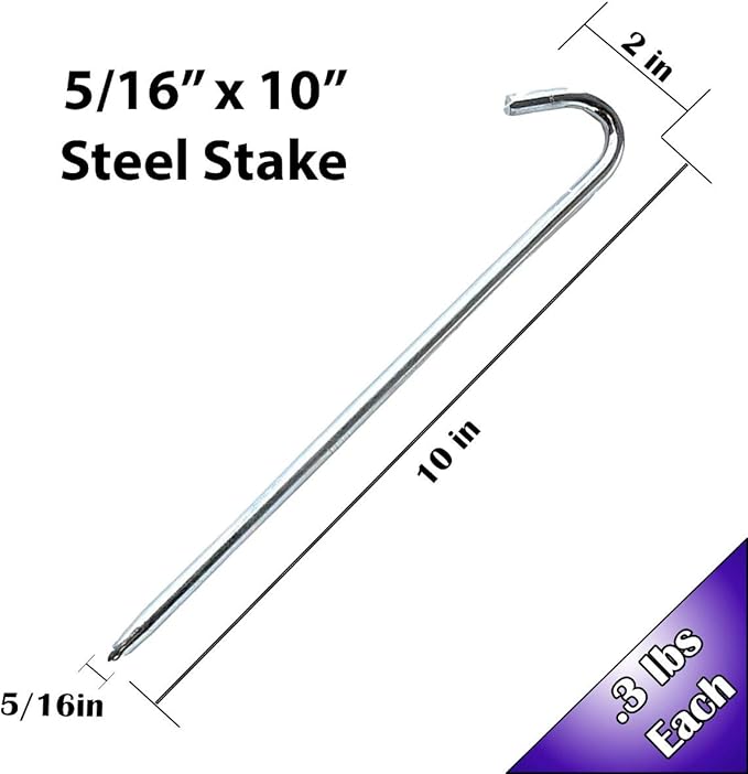 Steel Tent Stakes Heavy Duty Ground Stake, Metal Stakes to Anchor Commercial Inflatables, Outdoor Camping Canopy, Fence, Garden Tent Accessories, 5/16" Diameter x 10" Length, 10 Pack