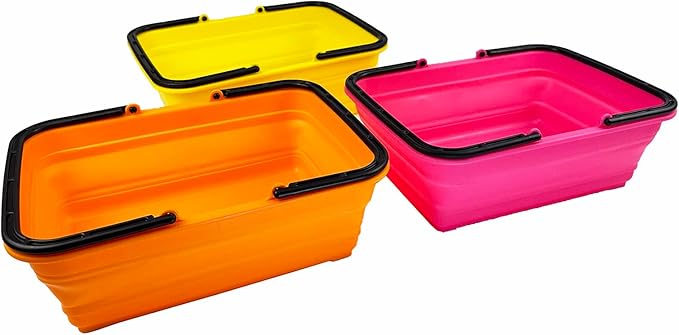 SAMMART Collapsible Basket with Handle 8L (2.1 Gallon)- Portable Outdoor Picnic Basket/Crate - Foldable Basin for Washing Dishes,Camping,Hiking (Golden Yellow+Mandrain Red+Rose Pink (Set of 3))