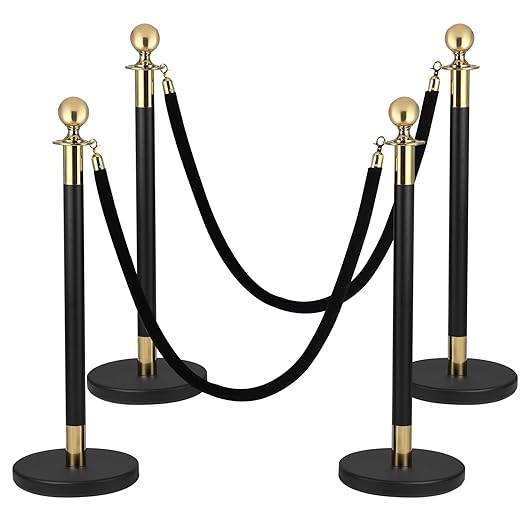 4Pack Stanchions and Velvet Ropes, 5 ft Black Velvet Rope and Poles Set, Black-Gold Stainless Steel Stanchion Posts Crowd Control Barriers for Red Carpet Runner Party Supplies