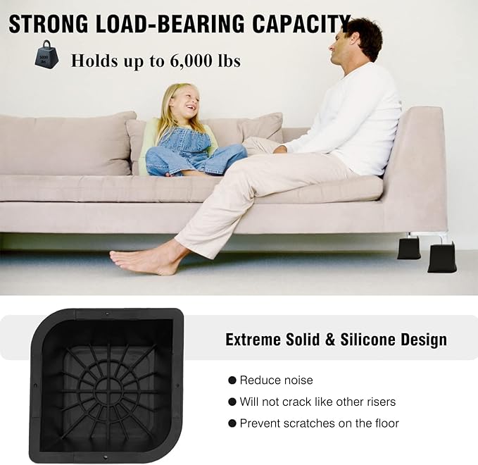 Bed Risers 6 inch Heavy Duty, Oversized Furniture Riser with Non-Slip Base for Sofa Couch Chair Desk Table Leg Dorm Bed Frame Lifts Risers Blocks Supports Up to 6,500 Lbs (Black 4 Pack)