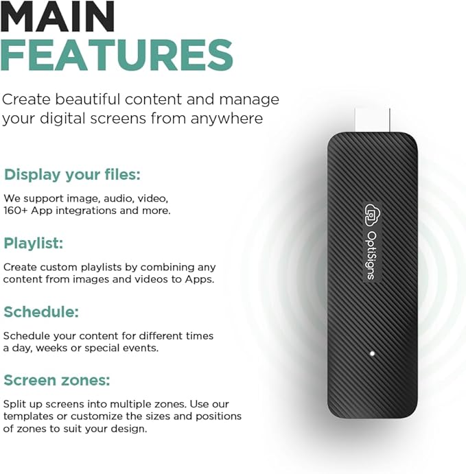 OptiSigns OptiStick Digital Signage Player - Android-Based 4K UHD HDMI Stick, Quad Core, WiFi/Ethernet, Remote Screen Management