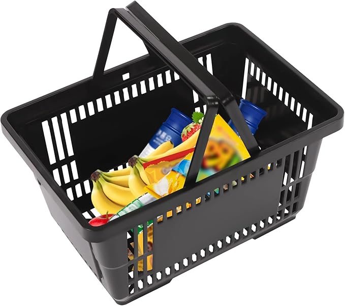 12 Pcs Shopping Baskets,21L/5.5gal Durable Black Plastic Store Shopping Baskets w/Handles Convenient Sundry Laundry Basket,17*9*12in Portable Store Retail Baskets Set for Market Thrift,Black