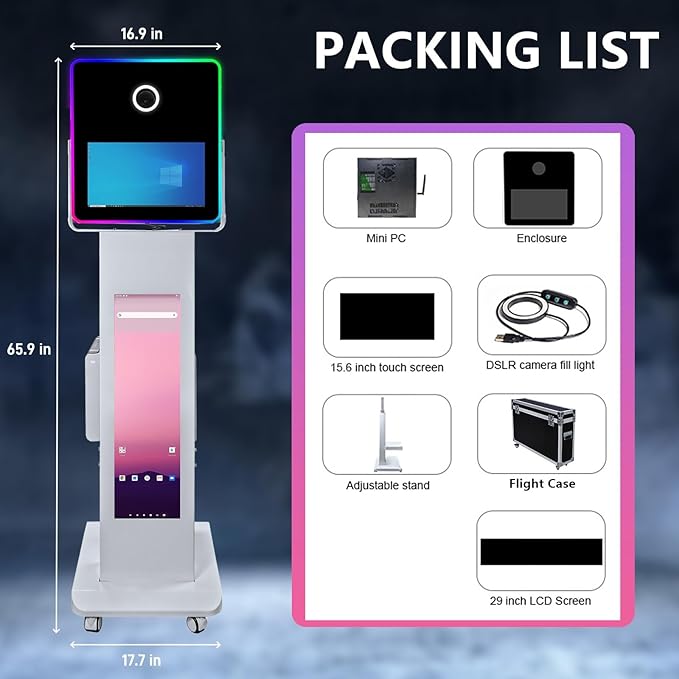 29in LCD Display Photo Booth Machine with 15.6in Mirror Touch Screen Selfie Station Shell Stand DIY Photobooth Machine with RGB Light for Parties Weddings Event (Machine+Camera)