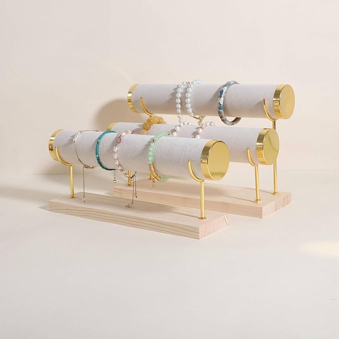 GemeShou Velvet Bangle storage oragenizer for selling,Beige bracelet storage rack for boutique store, Velvet wrap watch holder with wooden base for women girls【Bracelet holder-one tier】