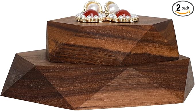 GemeShou 2pcs Wooden Jewelry display tray, Hexagon jewelry display riser, Jewelry retail shop photography props【Walnut Hexagon tray-2pcs】