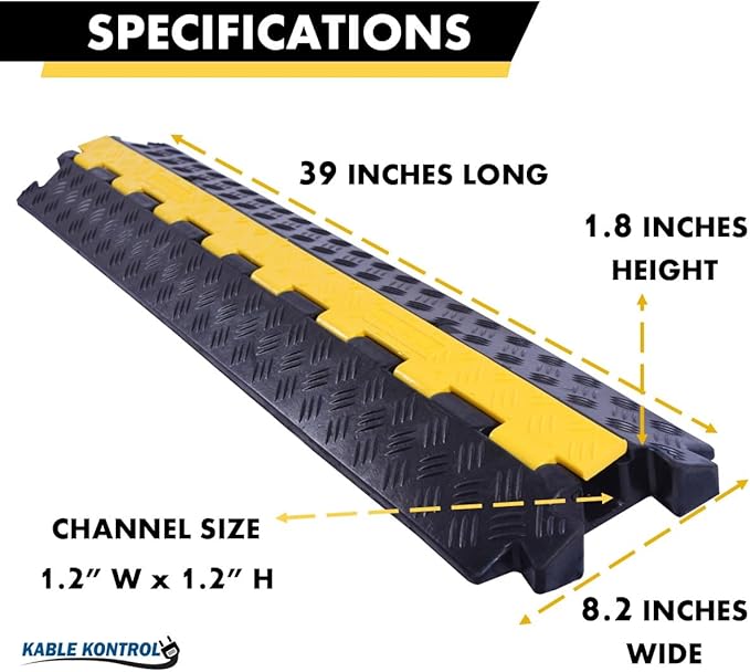 Kable Kontrol Atlas Heavy Duty Cable Protector Ramp - 1 Channel - 1 Pcs - 39" Long Black & Yellow - 24,000 Lbs Capacity - Rubber Speed Bump Wire Protector Cord Cover - CP9896