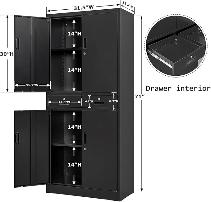 BESFUR 71“H Metal Storage Cabinet with 2 Lockable Drawers and 2 Lockable Doors, Garage Cabinet with 2 Adjustable Shelves, Locking Cabinet for Garage, Office, Classroom - Black
