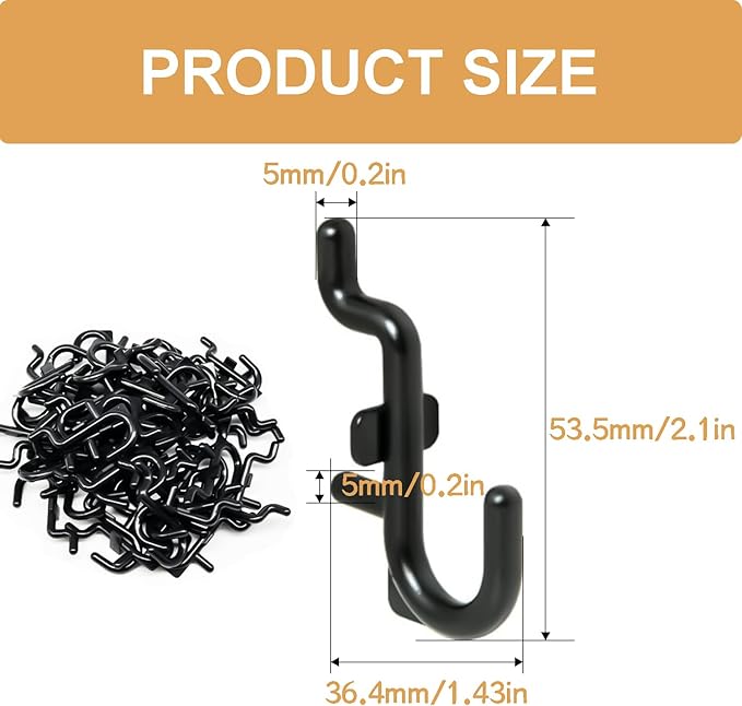 50PCS Pegboard Hooks Plastic Peg Board J Hooks for Hanging Black Pegboard Hooks J Hook Accessories, for 1/4" Pegboards DD017-50