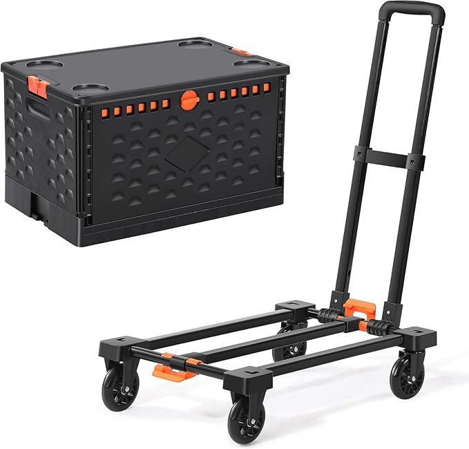 Foldable Utility Cart Collapsible Crate Rolling Carts with Wheels, Hand Truck Storage Box with Telescoping Handle, Folding Shopping cart with Wheels for Office Shopping Camping Travel Moving