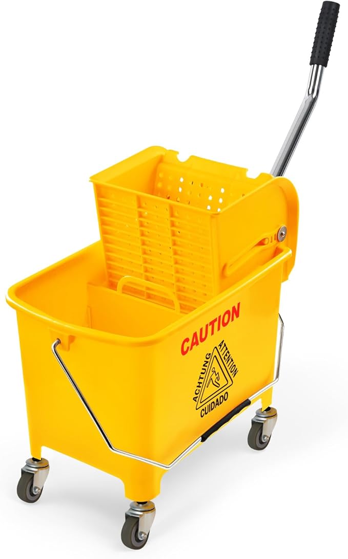 Mop Bucket with Wringer on Wheels Small 5 Gallon, Heavy Duty Dual Chamber Industrial Mop Bucket Separate Dirty Water, Perfect for Business Household, 20 Quart Yellow